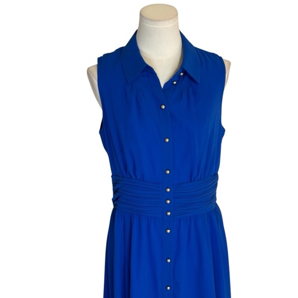 Karl Lagerfeld Cobalt Shirred Chiffon Dress‎ Gold Buttons Size M Sleeveless Midi - Picture 5 of 7